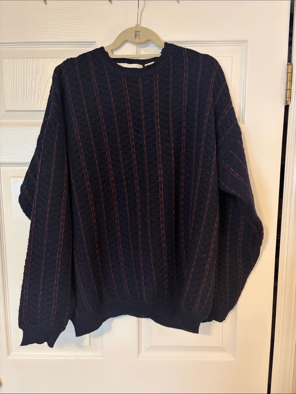 Perry Ellis Navy Crewneck Wool Sweater with Rust Stripe Detail